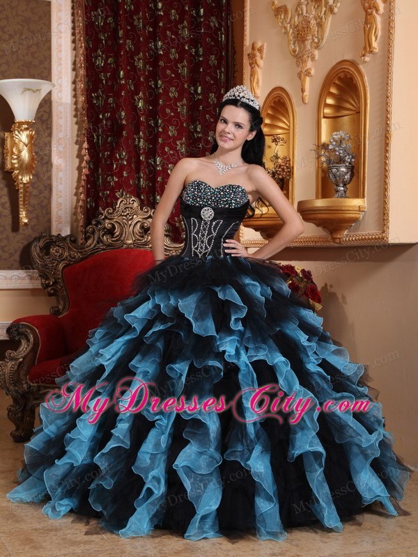 Black and Blue Organza Beading Ruffles 2013 Quinceanera Dress