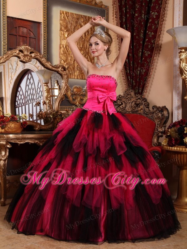 Hot Sale Beaded Strapless Bowknot Red and Black Quinceanera Dress