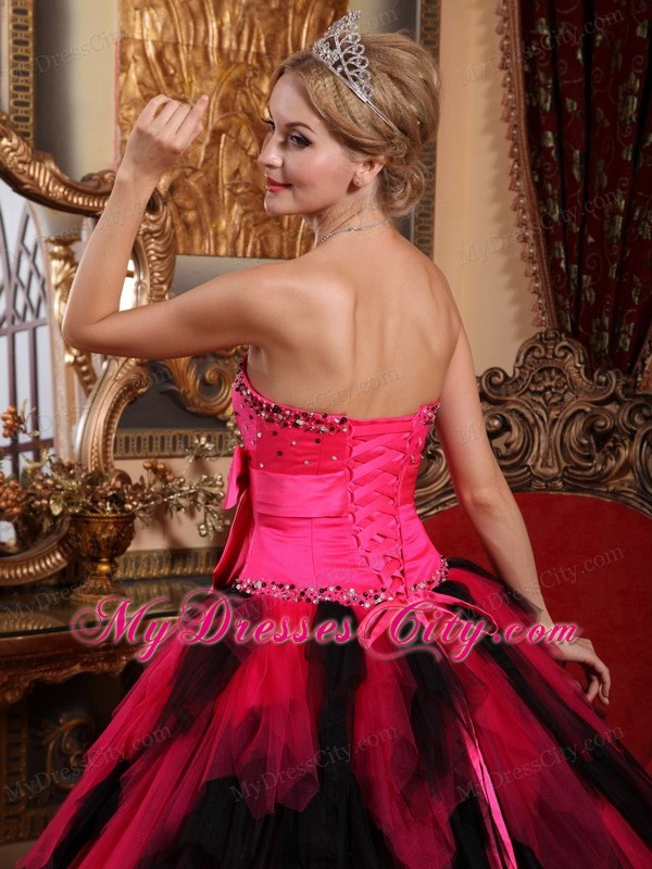 Hot Sale Beaded Strapless Bowknot Red and Black Quinceanera Dress