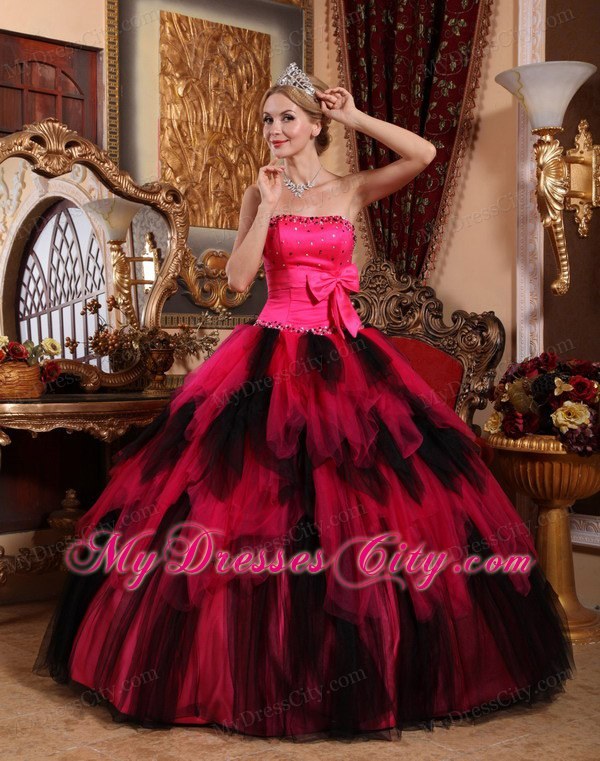 Hot Sale Beaded Strapless Bowknot Red and Black Quinceanera Dress