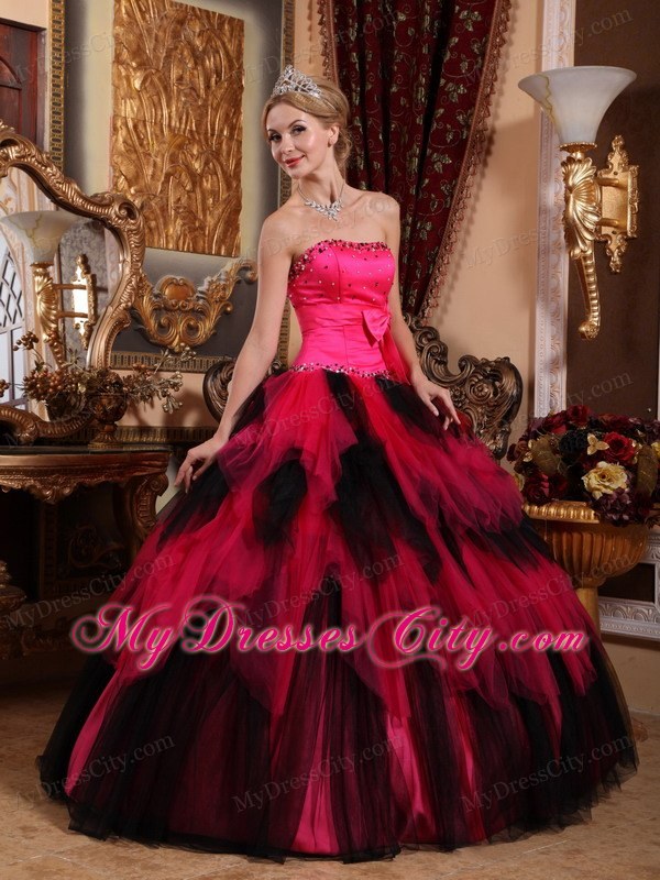 Hot Sale Beaded Strapless Bowknot Red and Black Quinceanera Dress