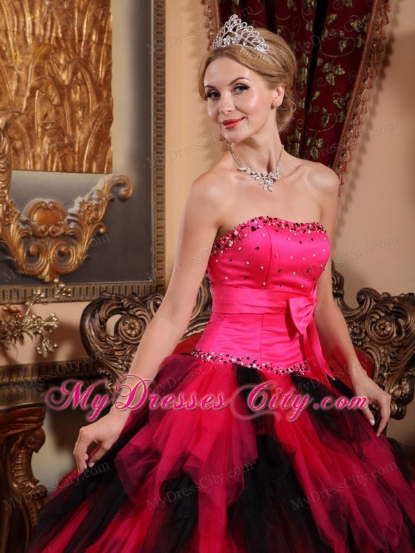 Hot Sale Beaded Strapless Bowknot Red and Black Quinceanera Dress