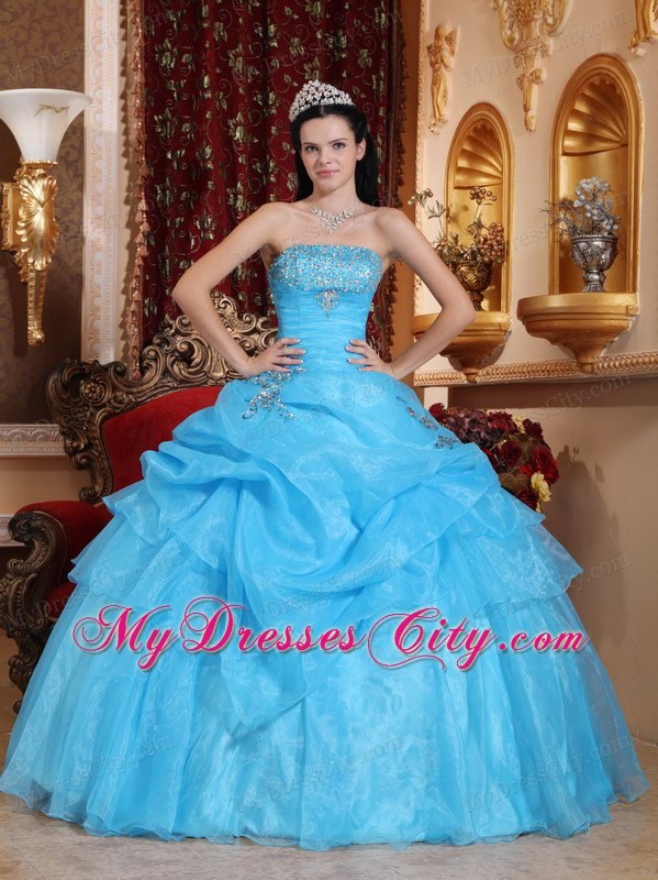 Strapless Beading Pick-up Aqua Blue Puffy Dress for Quince