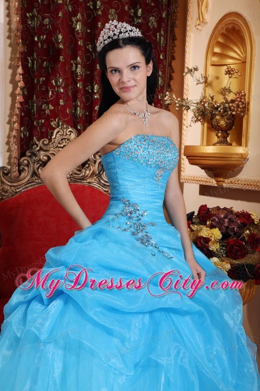 Strapless Beading Pick-up Aqua Blue Puffy Dress for Quince