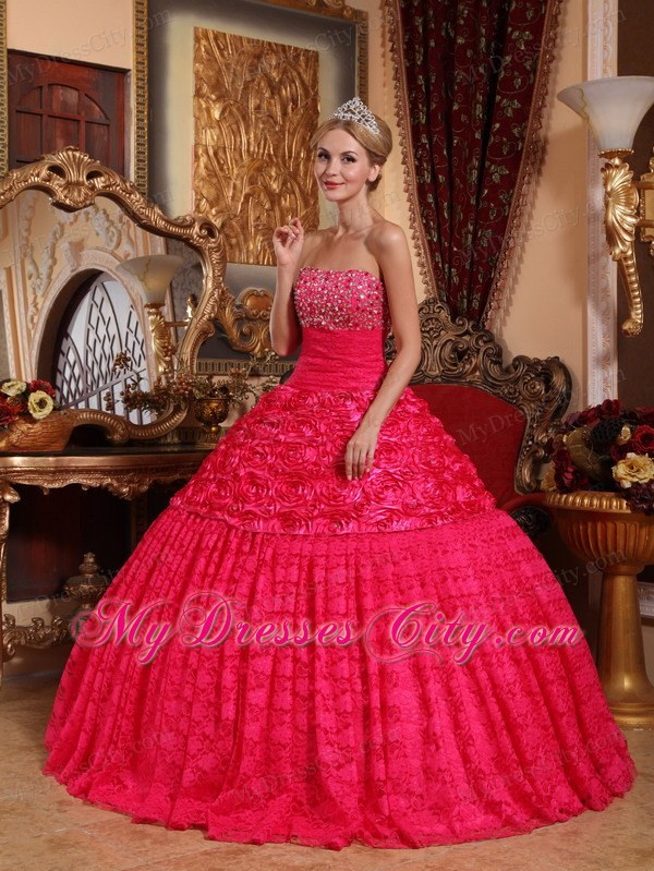 Beaded Strapless Special?Embossed?Fabric Red Dress for Quinceanera