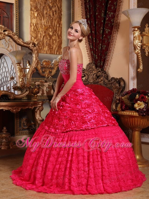 Beaded Strapless Special?Embossed?Fabric Red Dress for Quinceanera