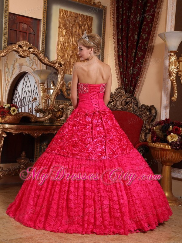 Beaded Strapless Special?Embossed?Fabric Red Dress for Quinceanera