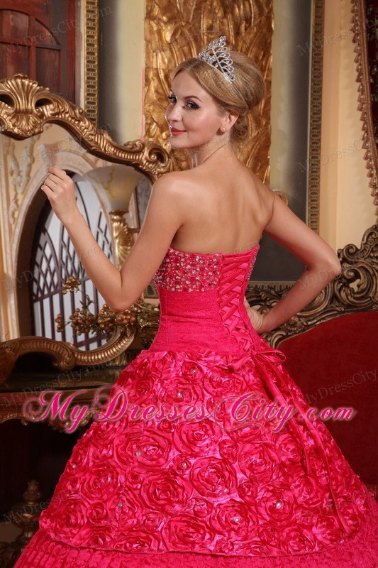 Beaded Strapless Special?Embossed?Fabric Red Dress for Quinceanera