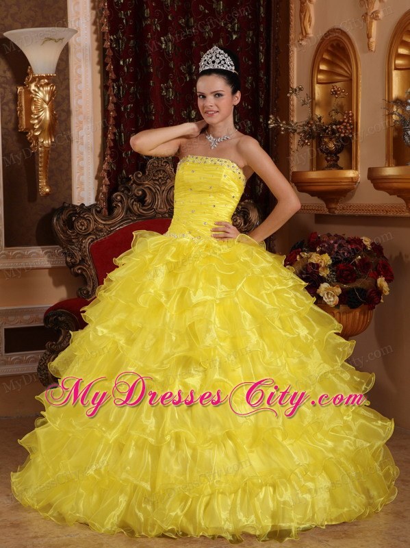 Organza Strapless Beading Ruffled 2013 Yellow Quinceanera Gowns