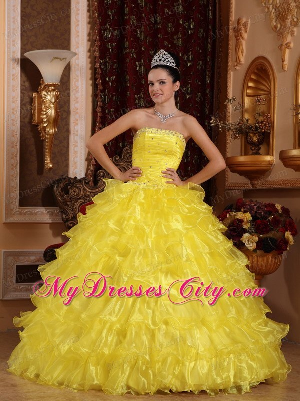 Organza Strapless Beading Ruffled 2013 Yellow Quinceanera Gowns