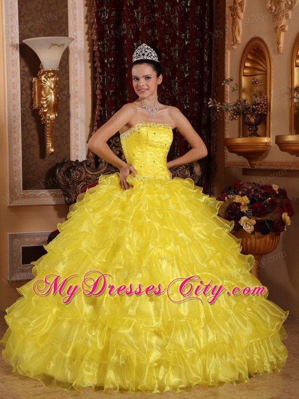 Organza Strapless Beading Ruffled 2013 Yellow Quinceanera Gowns