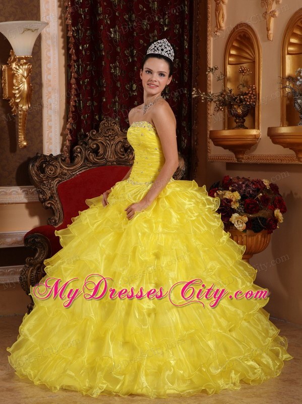 Organza Strapless Beading Ruffled 2013 Yellow Quinceanera Gowns