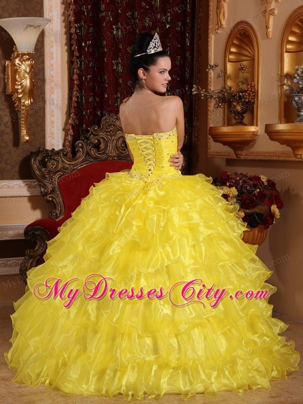 Organza Strapless Beading Ruffled 2013 Yellow Quinceanera Gowns