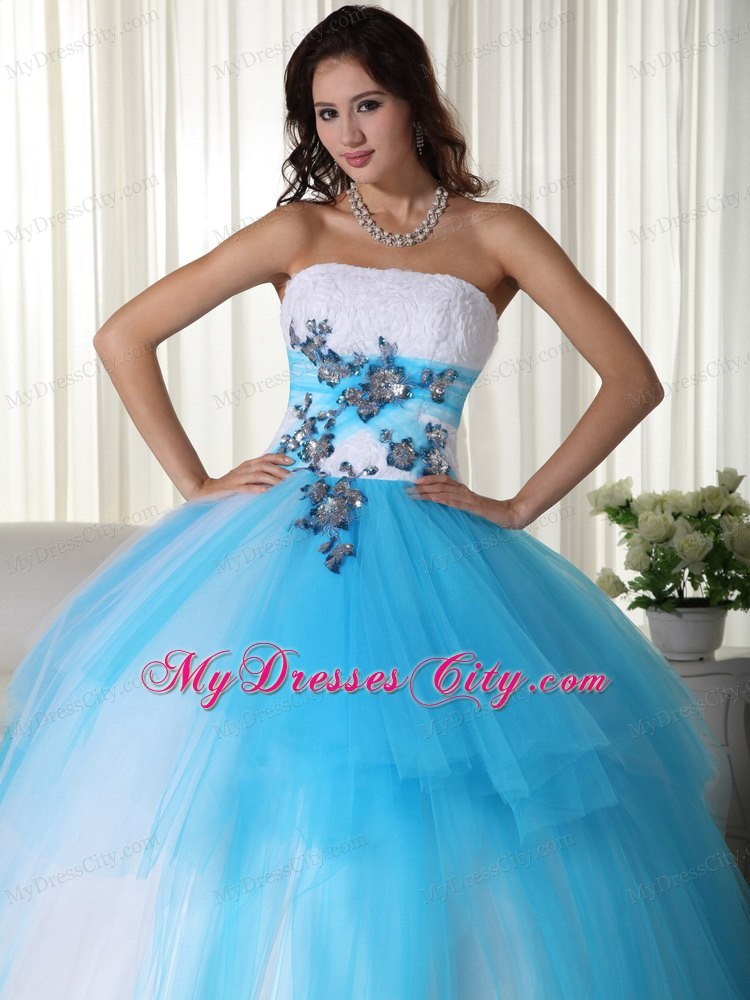 Tulle Ball Gown Strapless White and Blue Dress for Sweet 15