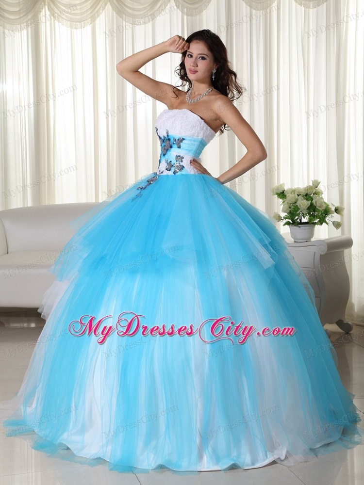 Tulle Ball Gown Strapless White and Blue Dress for Sweet 15