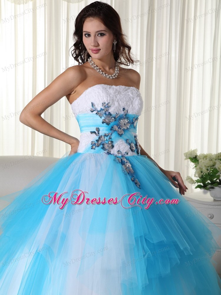 Tulle Ball Gown Strapless White and Blue Dress for Sweet 15