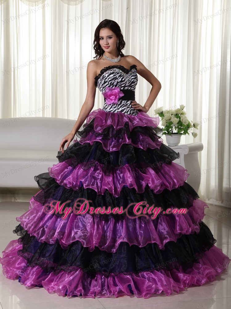 Organza Sweetheart Zebra Purple and Black Quinceanera Dress