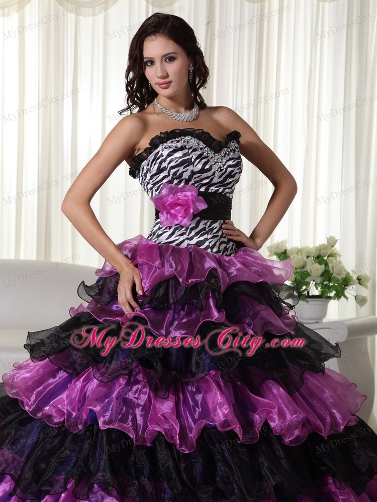 Organza Sweetheart Zebra Purple and Black Quinceanera Dress