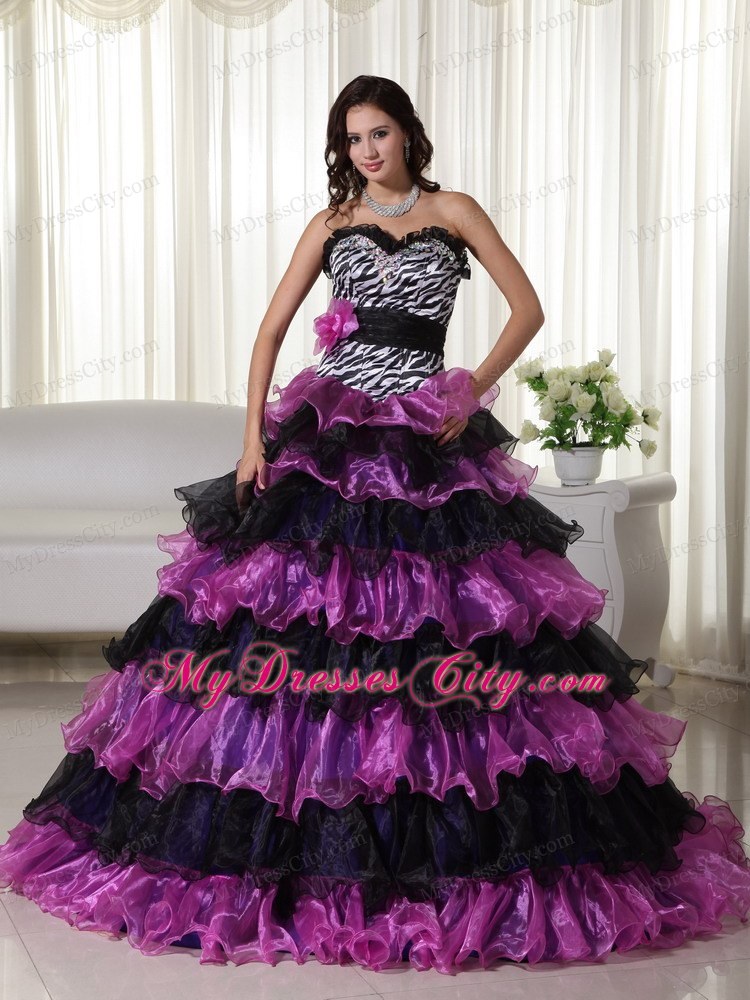 Organza Sweetheart Zebra Purple and Black Quinceanera Dress