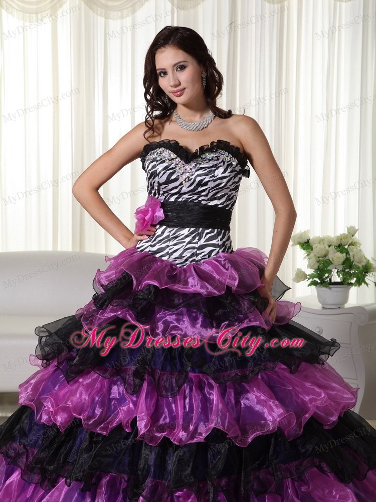 Organza Sweetheart Zebra Purple and Black Quinceanera Dress