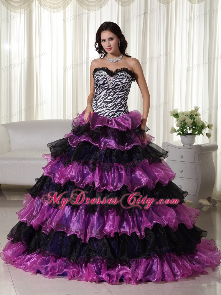 Organza Sweetheart Zebra Purple and Black Quinceanera Dress