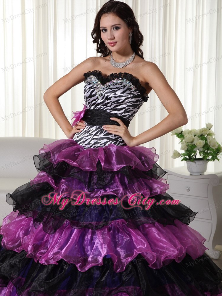 Organza Sweetheart Zebra Purple and Black Quinceanera Dress