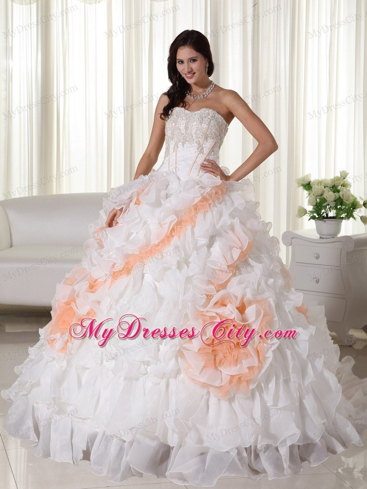 White and Orange Ruffles Organza Flowers Quinceanera Dresses