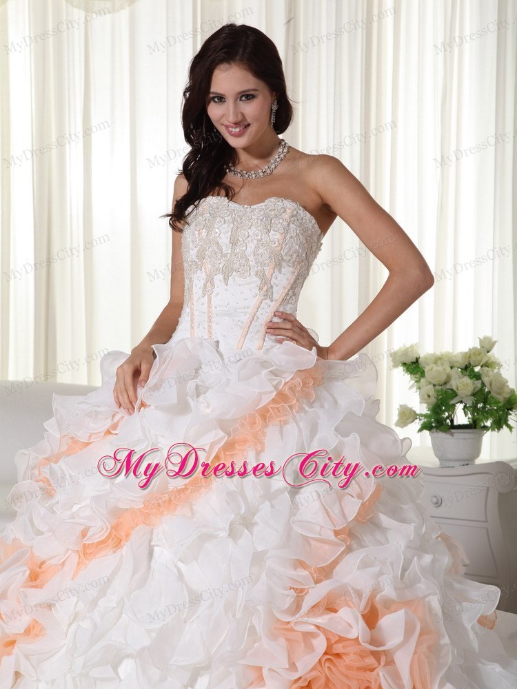 White and Orange Ruffles Organza Flowers Quinceanera Dresses