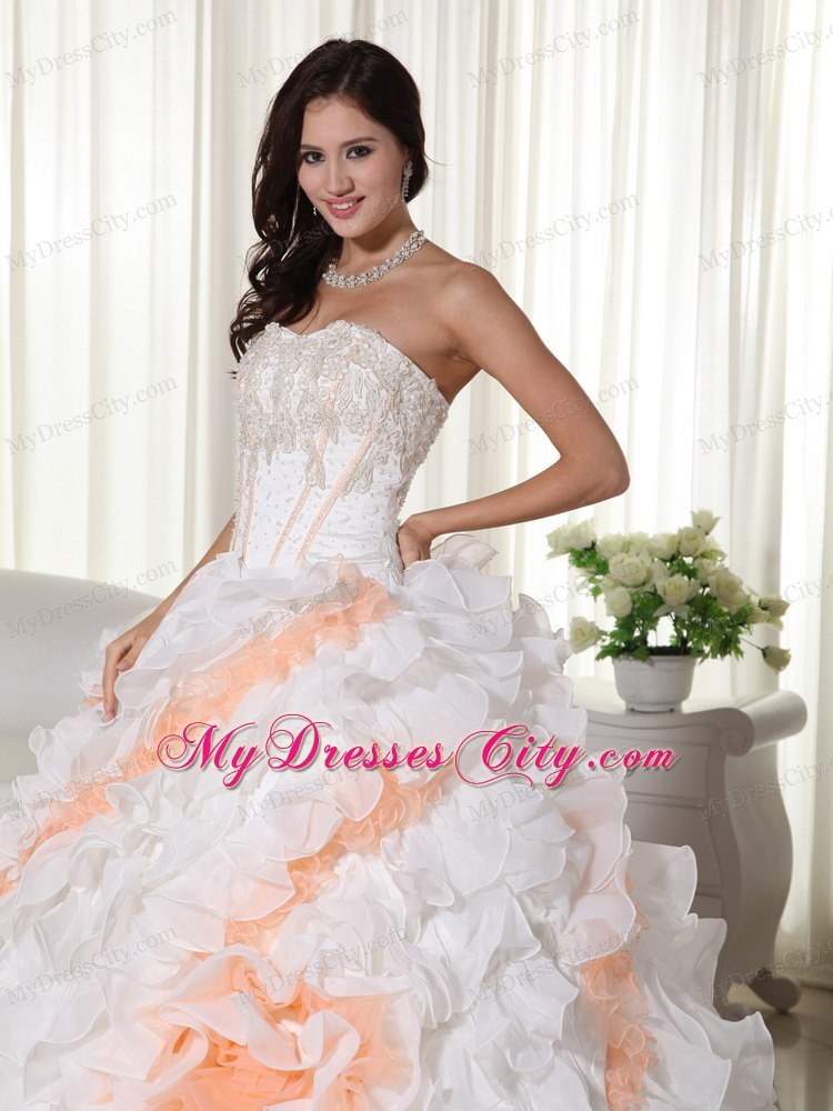 White and Orange Ruffles Organza Flowers Quinceanera Dresses