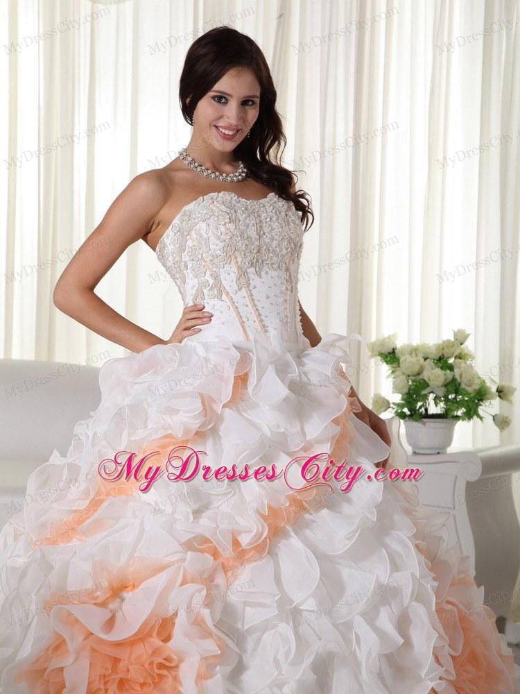 White and Orange Ruffles Organza Flowers Quinceanera Dresses