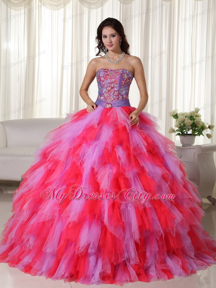 Multi-color Ball Gown Strapless Dress for Sweet 16 with Appliques