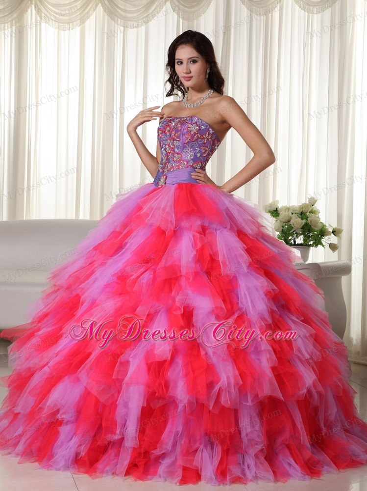 Multi-color Ball Gown Strapless Dress for Sweet 16 with Appliques