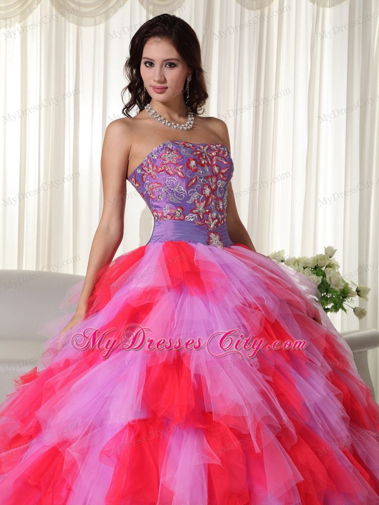 Multi-color Ball Gown Strapless Dress for Sweet 16 with Appliques