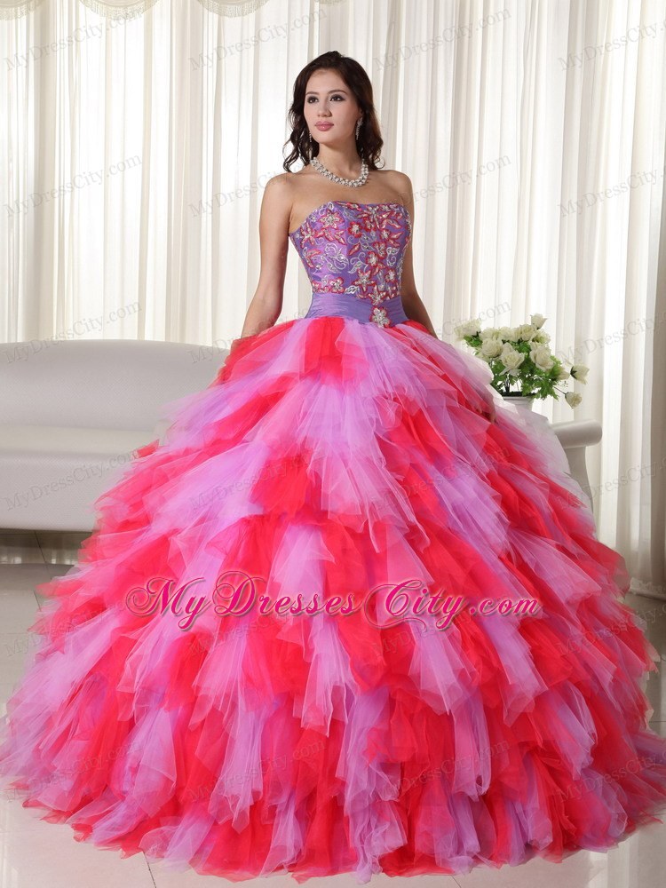 Multi-color Ball Gown Strapless Dress for Sweet 16 with Appliques