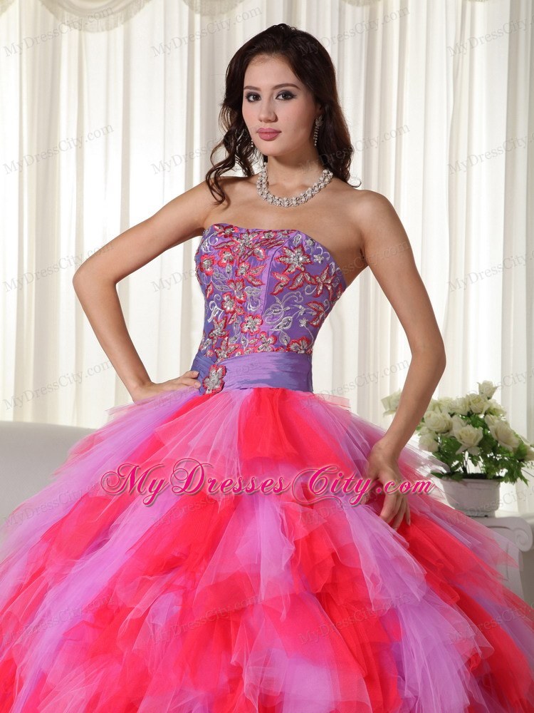 Multi-color Ball Gown Strapless Dress for Sweet 16 with Appliques