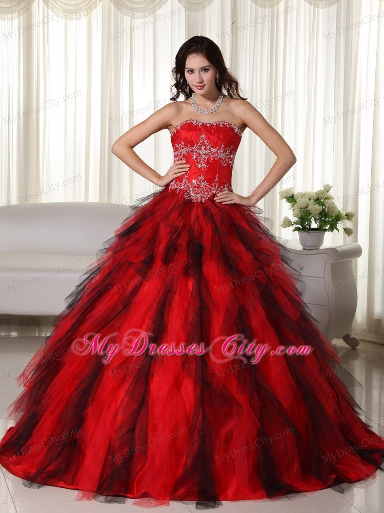 Ruffles Strapless Beading Black and Red Quinceanera Dress 2013