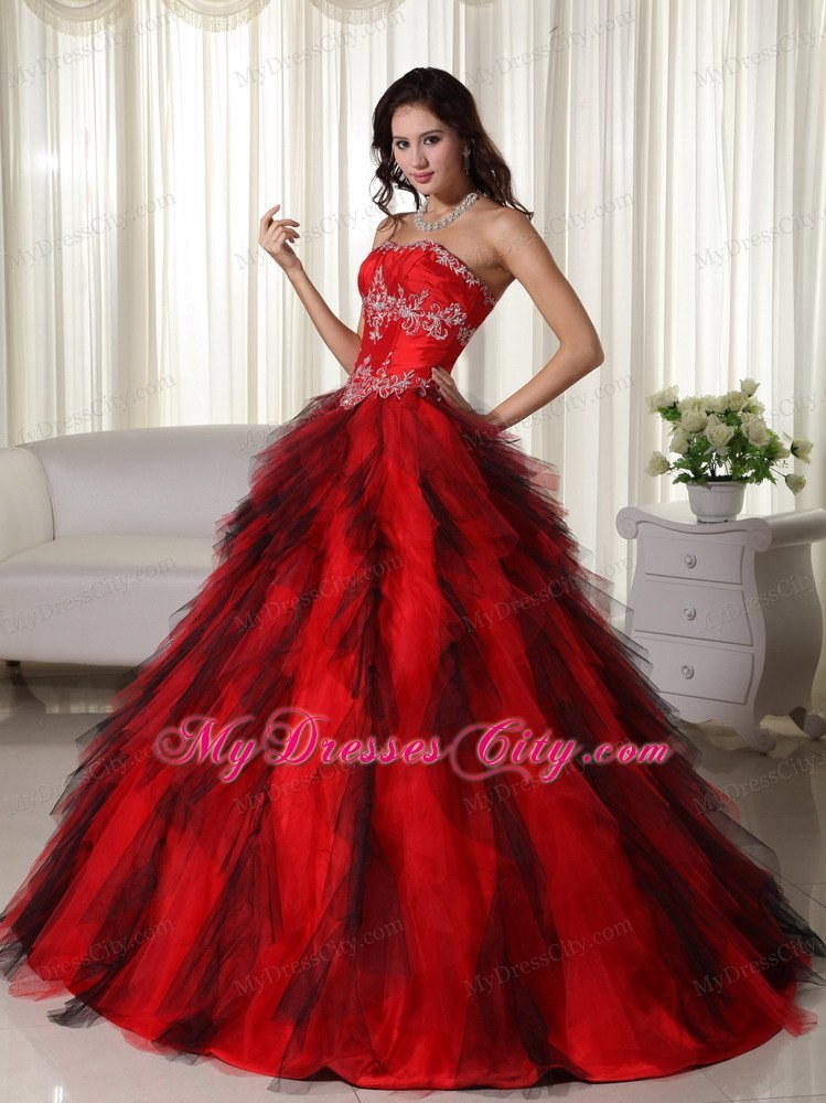 Ruffles Strapless Beading Black and Red Quinceanera Dress 2013