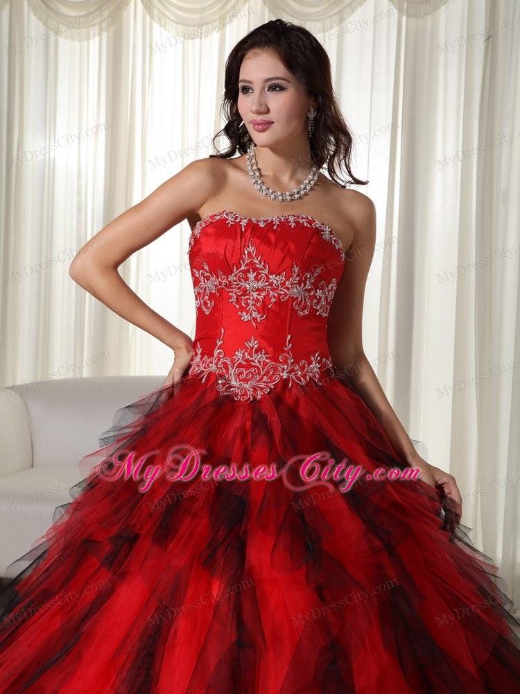 Ruffles Strapless Beading Black and Red Quinceanera Dress 2013