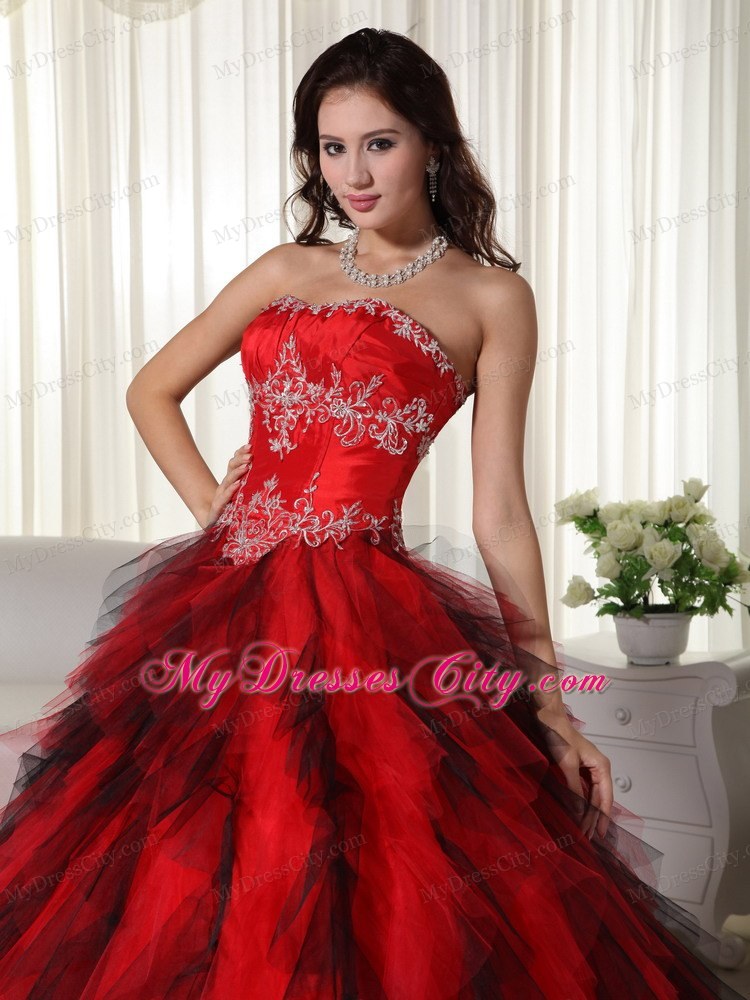 Ruffles Strapless Beading Black and Red Quinceanera Dress 2013