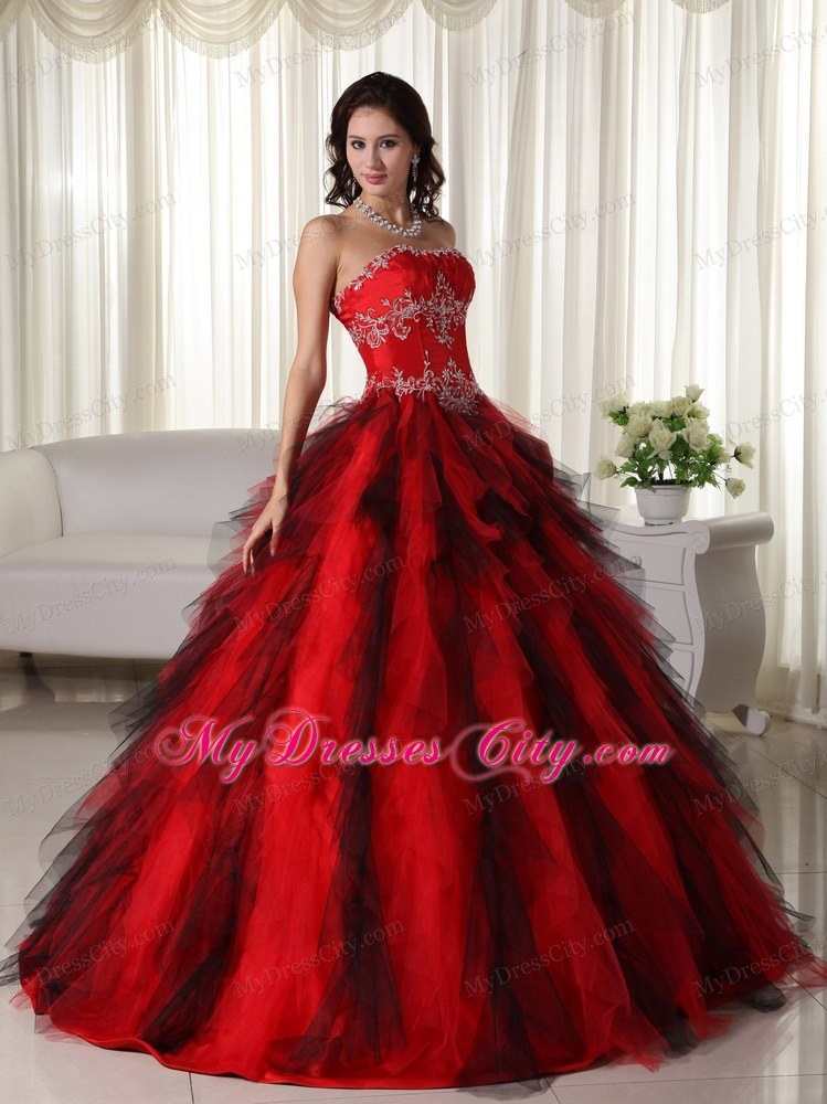 Ruffles Strapless Beading Black and Red Quinceanera Dress 2013