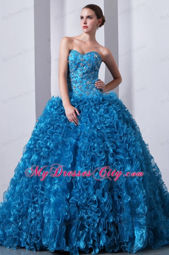 Blue Brush Train Quinceanera Dress with Beading and Ruffles