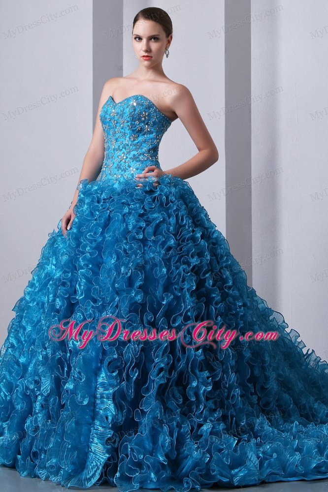 Blue Brush Train Quinceanera Dress with Beading and Ruffles