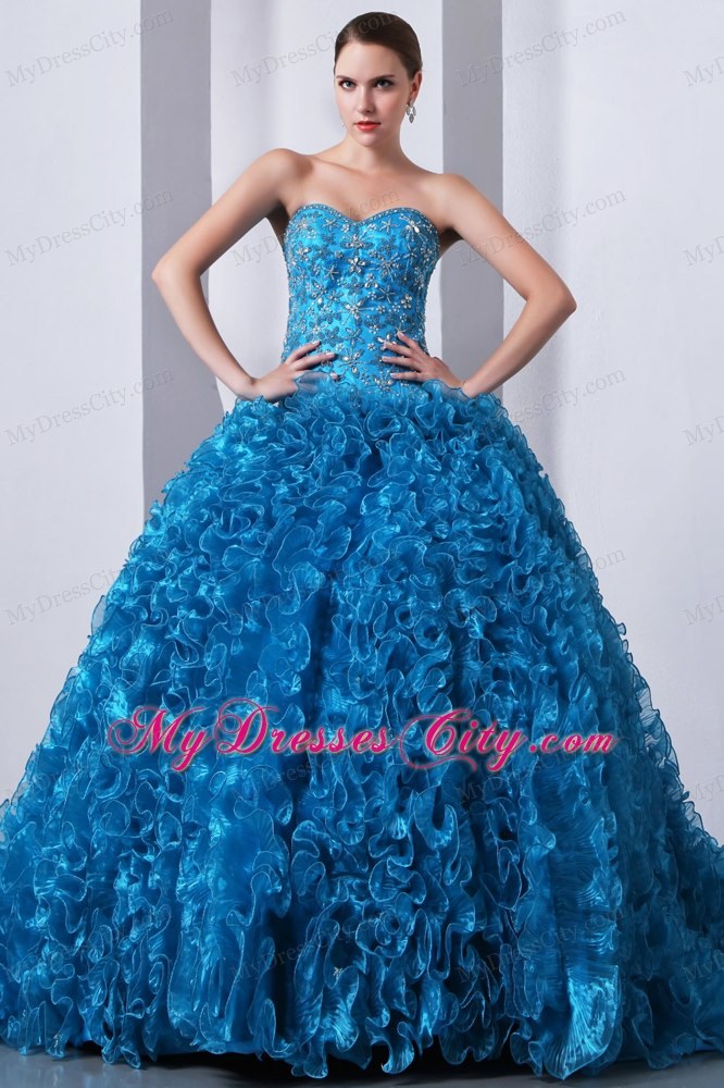 Blue Brush Train Quinceanera Dress with Beading and Ruffles