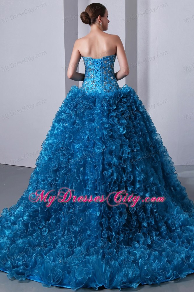 Blue Brush Train Quinceanera Dress with Beading and Ruffles