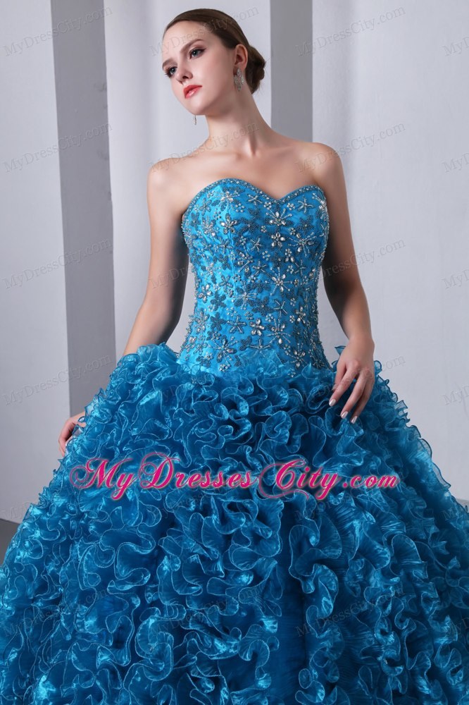 Blue Brush Train Quinceanera Dress with Beading and Ruffles