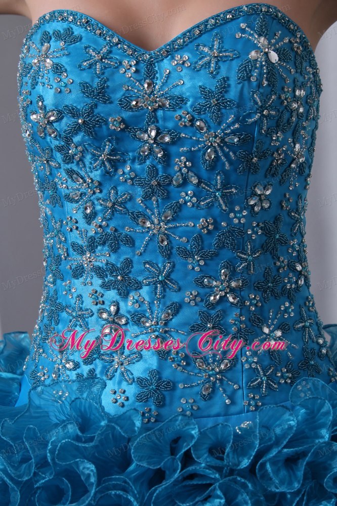 Blue Brush Train Quinceanera Dress with Beading and Ruffles