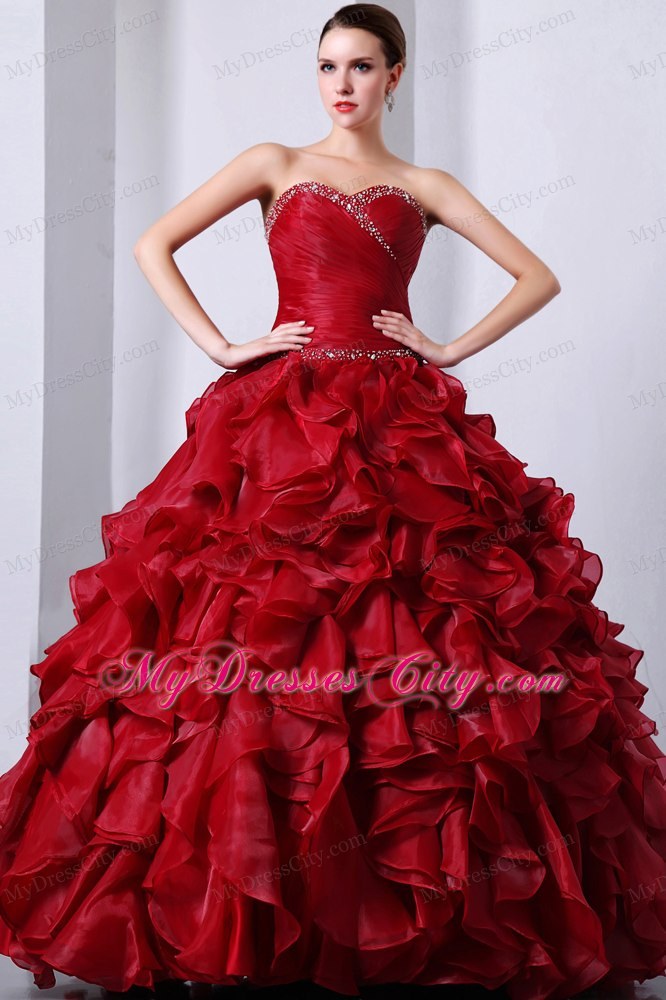 Wine Red Floor-length Organza Quinceanera Dress with Ruffles