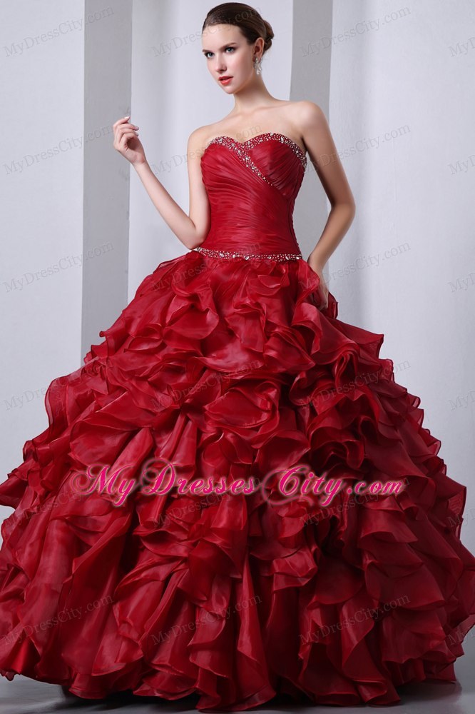 Wine Red Floor-length Organza Quinceanera Dress with Ruffles