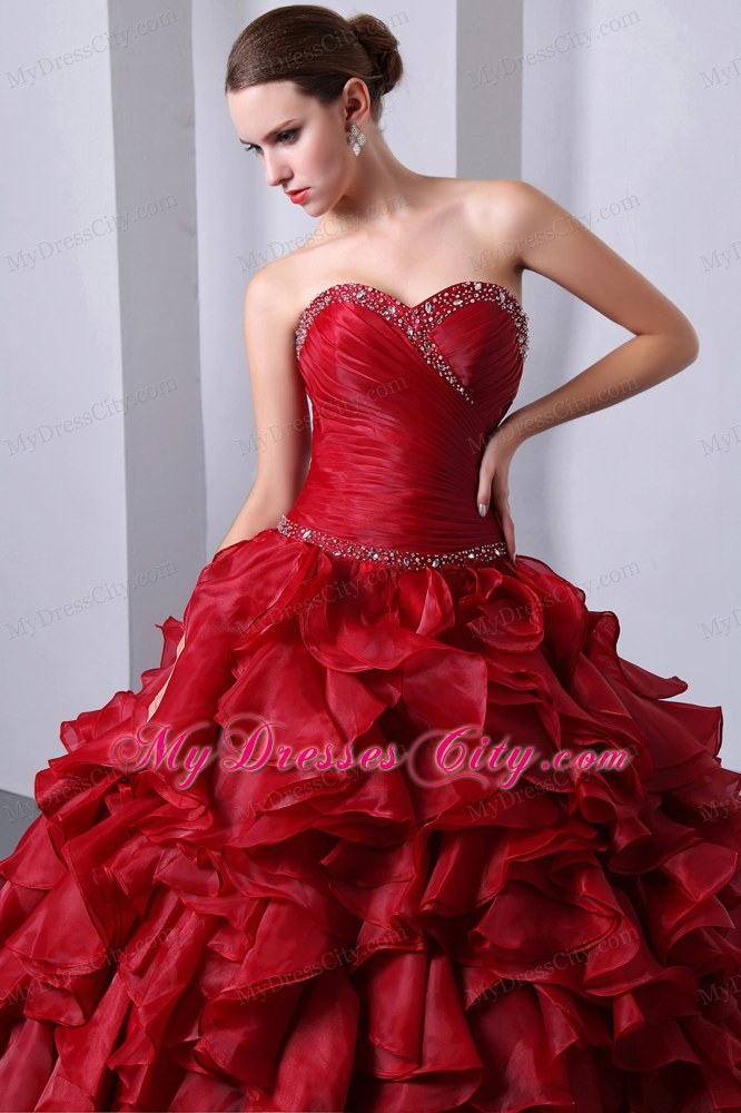 Wine Red Floor-length Organza Quinceanera Dress with Ruffles