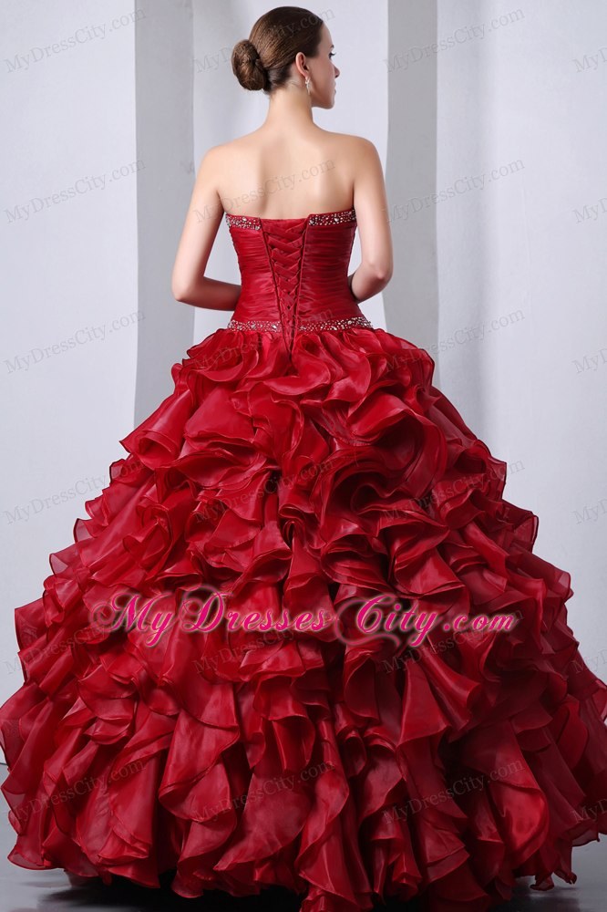 Wine Red Floor-length Organza Quinceanera Dress with Ruffles